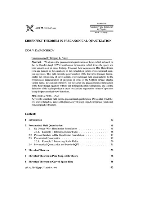 EHRENFEST THEOREM IN PRECANONICAL QUANTIZATION IGOR V. KANATCHIKOV