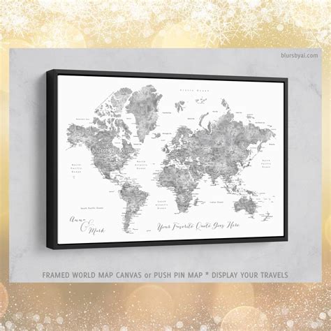 Custom world map with cities, canvas print or push pin map in grayscale ...