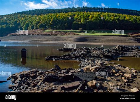 The ruins of Derwent village exposed due to low water levels in Derwent Valley in the Peak ...