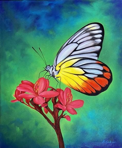 Butterfly on Flower | Unique Original Oil Painting | 50 x 60 cm ...