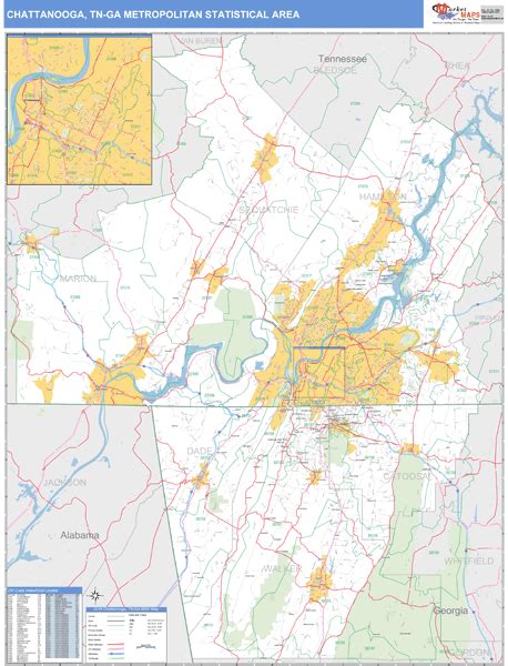 Chattanooga, TN Metro Area Zip Code Wall Map Basic Style by MarketMAPS