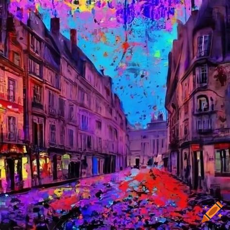 Abstract depiction of 1800s french city street at night with red, blue, and purple splatter ...