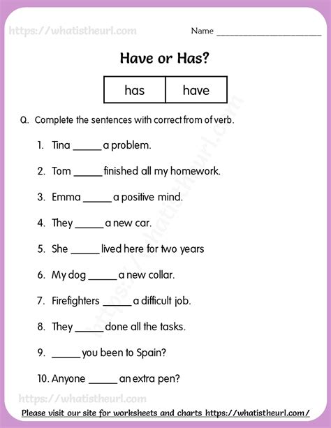 Has or Have Worksheet for Grade 4