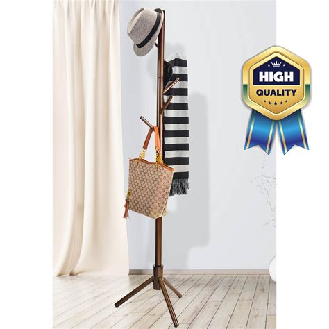 Premium Wooden Coat Rack Free Standing, With 6 Hooks Lacquered Pine Wood Tree Coat Rack Stand ...