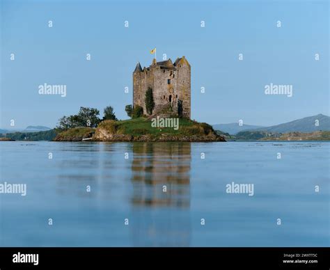 Castle Stalker tower house keep in Argyll, Scotland UK. Set on a tidal islet on Loch Laich, an ...