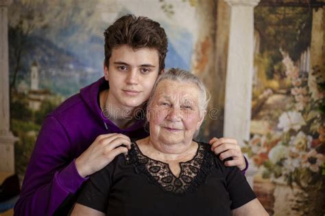 Family, Great-grandson Teenager with His Beloved Great-grandmother ...