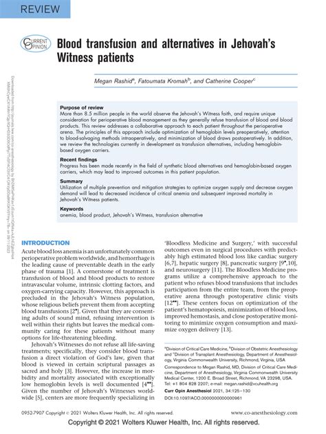 (PDF) Blood transfusion and alternatives in Jehovah's Witness patients