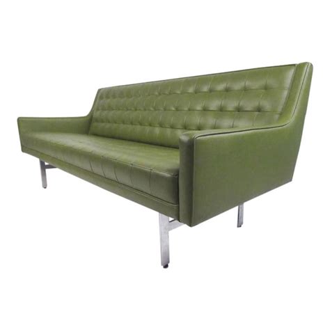 Mid-Century Modern Sofa in Tufted Green Vinyl | Chairish