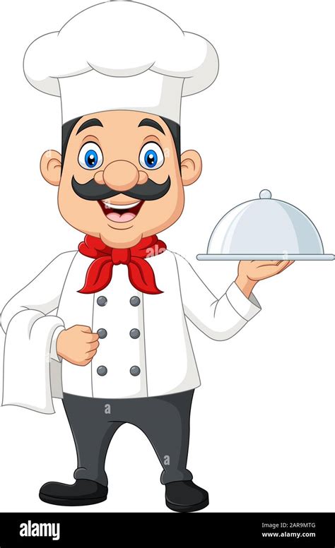 Cartoon funny chef with a mustache holding a silver platter Stock ...