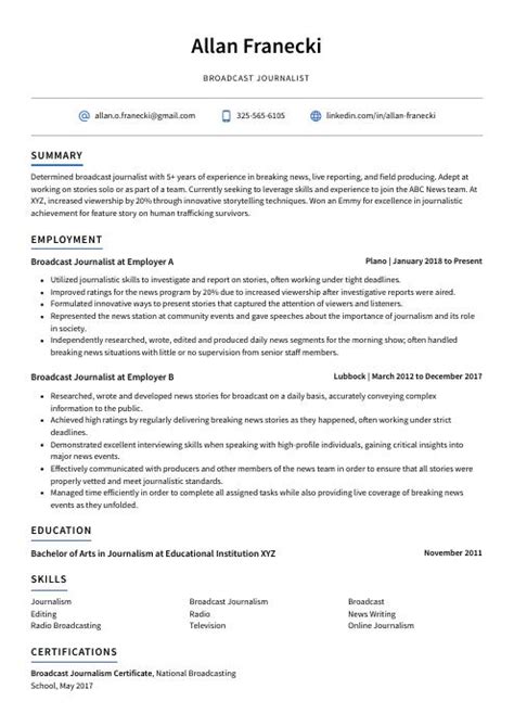 Broadcast Journalist Resume (CV) Example and Writing Guide