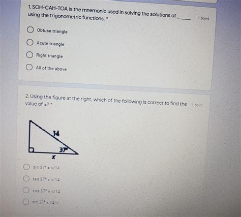 1. SOH-CAH-TOA is the mnemonic used in solving the solutions of_1 point ...