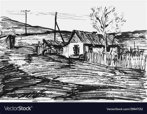 Textured freehand drawing of village landscape Vector Image