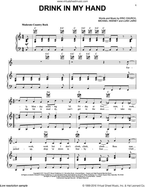 Drink In My Hand sheet music for voice, piano or guitar (PDF)