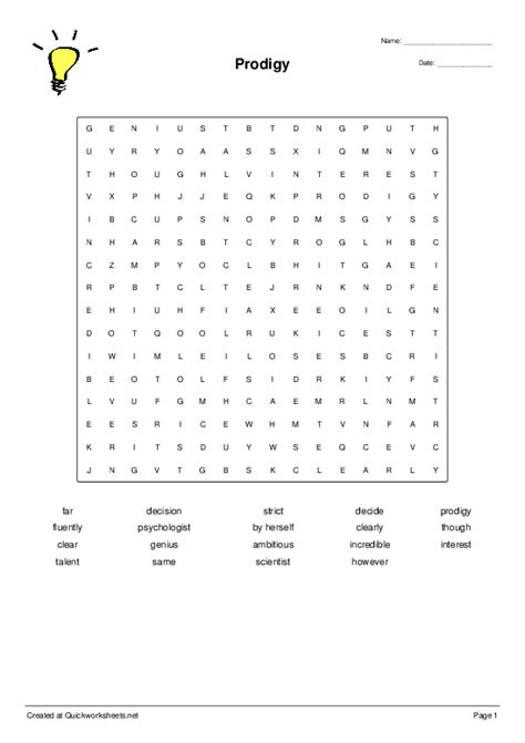 Prodigy - Wordsearch - Quickworksheets