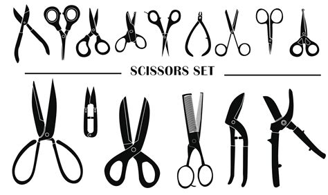 Different scissors types vector illustration in silhouette style. Black Scissor vector set icon ...