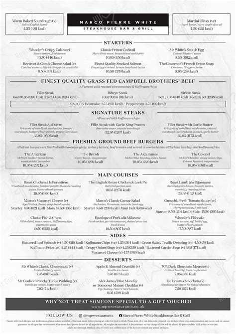 Menu at Marco Pierre White Steakhouse Bar & Grill Durham, Durham