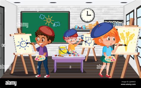 School art classroom with student kids illustration Stock Vector Image & Art - Alamy