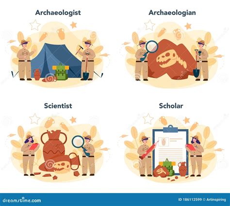 Archaeologist Concept Set. Ancient History Scientist, Paleontologist Stock Vector - Illustration ...