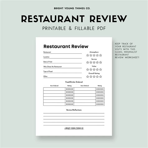 Restaurant Review Printable Worksheet, Printable Review Worksheet, Restaurant Review, Food ...