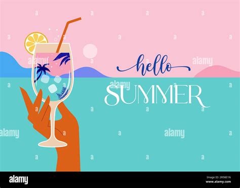 Modern flat summer beach party flyer design templates. Hand holding cocktail glass on sea ...