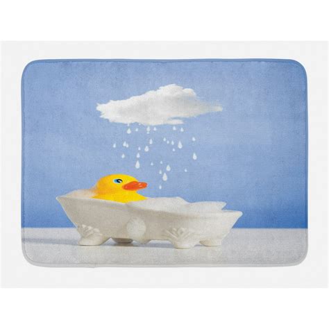 Rubber Duck Bath Mat, Rubber Duck Taking a Bath with Cloud Over Head Humorous Kids Room Print ...