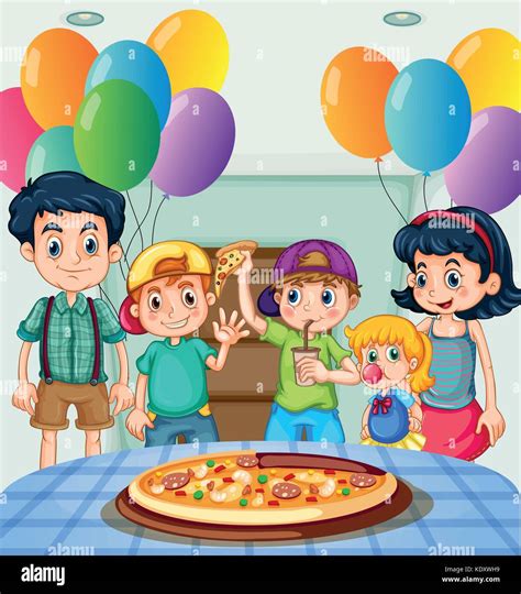 Kids eating pizza at party illustration Stock Vector Image & Art - Alamy