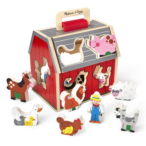 Melissa & Doug Wooden Take-Along Sorting Barn Toy with Flip-Up Roof and Handle – 10 Wooden Farm ...