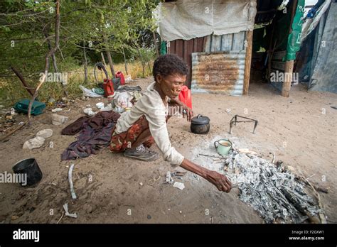 San people, or bushmen cooking food in Botswana, Africa Stock Photo - Alamy