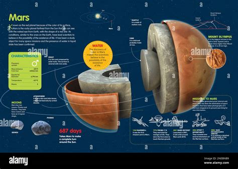 Infographic about planet Mars, its atmosphere, surface, composition, orbit and possibilities of ...