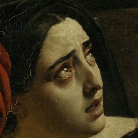 a close up of a painting of a woman's face with red scarf on her head