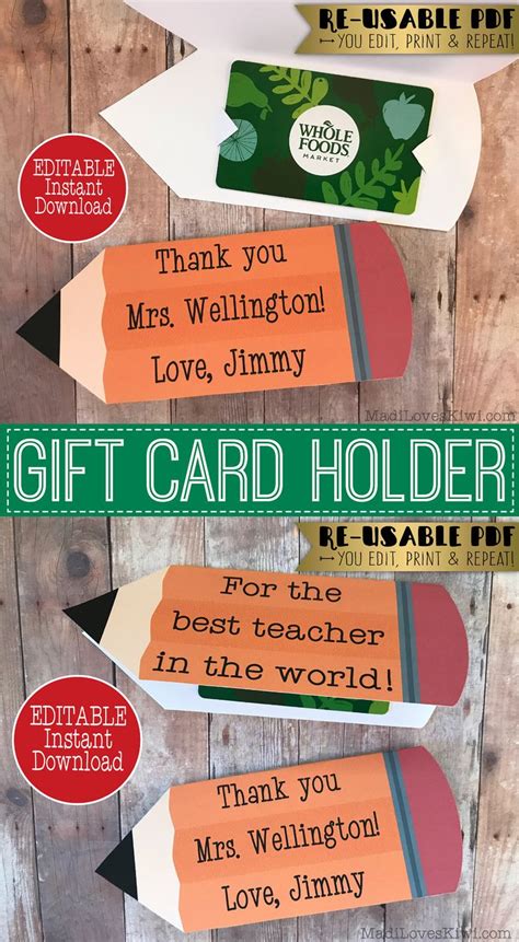 Editable Pencil Gift Card Holder for Teacher Appreciation Week, Printable End of Year Class ...