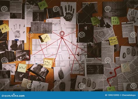 Detective Board With Photos Of Suspected Criminals, Crime Scenes And Evidence With Red Threads ...