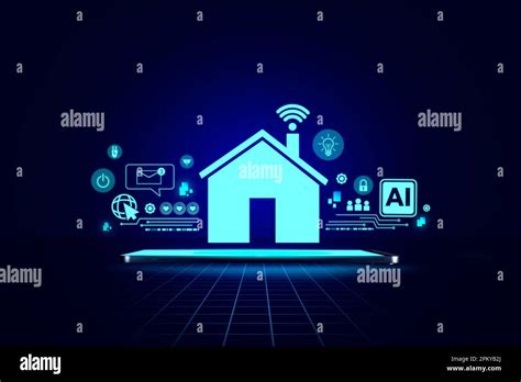 Smart home system and Artificial intelligence concept. hologram digital chatbot, application ...