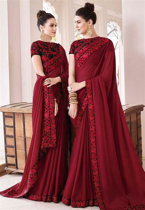 Maroon silk embroidered saree with blouse 35861