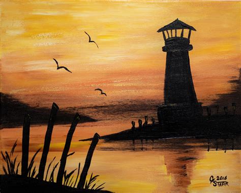 Lighthouse at Sunset Painting | Sunset painting easy, Sunset painting ...