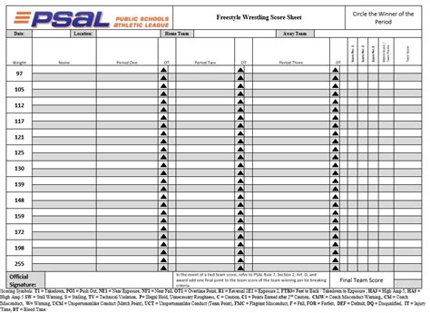 Wrestling Bout Sheet Template