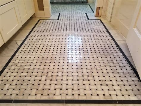Carrera marble basketweave mosaic floor with black marble inlay border. | Tile floor, Patterned ...