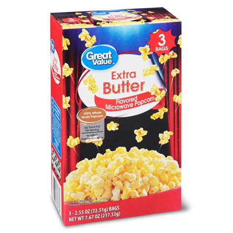 Great Value Flavored Microwave Popcorn, Extra Butter, 7.67 oz, 3 Count - Walmart.com - Walmart.com