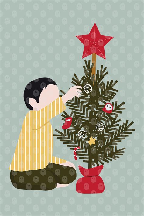 Archade | Kid Sitting And Decorating A Small Christmas Tree Vector Drawings