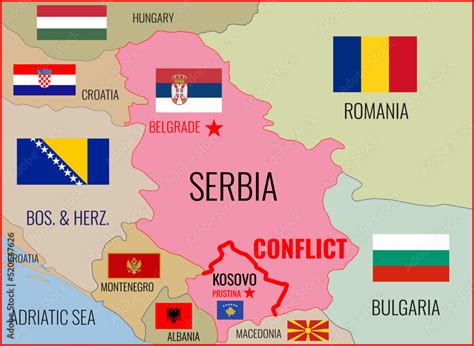 Vector illustration of a map of Serbia, Kosovo and neighboring countries with national flags ...