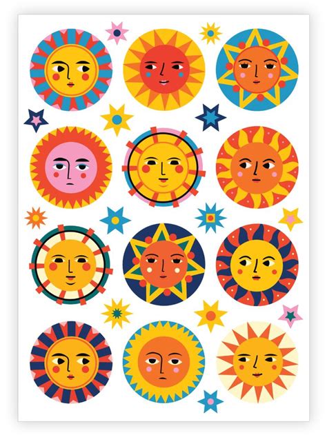 the sun and stars sticker sheet is shown in various shapes, sizes and colors