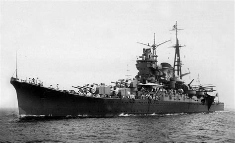 Japanese cruiser Mogami, lead ship of the Mogami class of heavy cruisers in 1935, when she ...