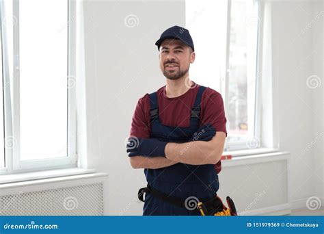 Portrait of Professional Construction Worker with Tool Belt Stock Image ...