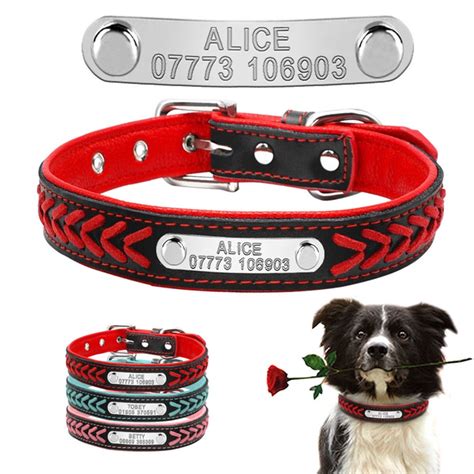 Braided Custom Personalized Dog Collar Leather Padded Dog Pet ID Name ...