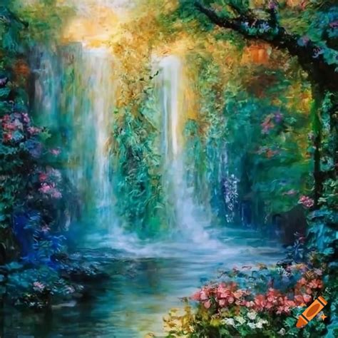 Victorian garden painting with angel statues and waterfall