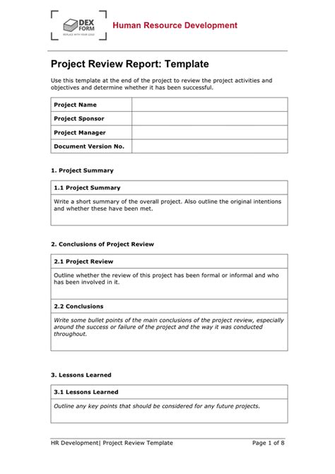 Project review report template in Word and Pdf formats