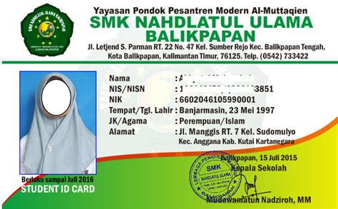 Desain Kartu Pelajar SMK Nahdlatul Ulama Balikpapan Student ID Card ...