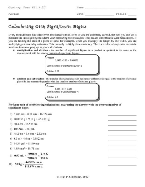 Calculating with Significant Digits Worksheet for 9th - 12th Grade | Lesson Planet