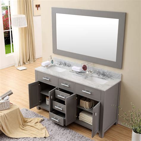 60 inch Gray Double Sink Bathroom Vanity White Marble Top with Linen Cabinet