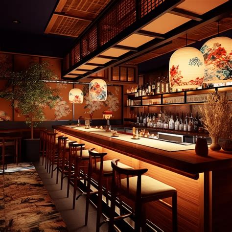 Premium AI Image | A bar with a japanese style lamp hanging over the bar.